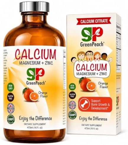 GreenPeach Organic Liquid Calcium for Kids - Magnesium, Zinc, Calcium Citrate & Vitamin D3 Calming Syrup & Liquid Calcium Supplement, NO Sugar NO Artificial Flavors, Vegetarian Halal Kosher
