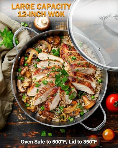 Cooks Standard Classic 12-Inch Stainless Steel Wok Stir Fry Pan with Glass Lid, 30cm Everyday Chef's Pan with Two Side Handles, Induction Compatible Cookware, Dishwasher & Oven Safe