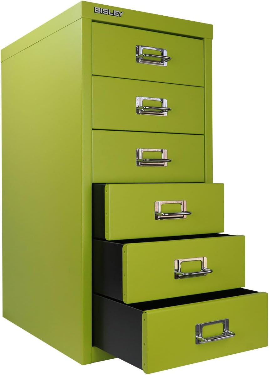 5-Drawer Steel MultiDrawer Cabinet - Orange, by Bisley | Chrome Pull Handles with Label Holders, Powder-Coated Steel, Removable Drawers, Desktop Storage, Labels Included