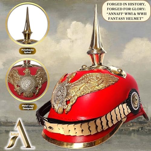 AnNafi Red German Pickelhaube Helmet, Leather Pickelhauben Imperial Prussian Helmet, Brass Military Officer Spiked Men’s Costume