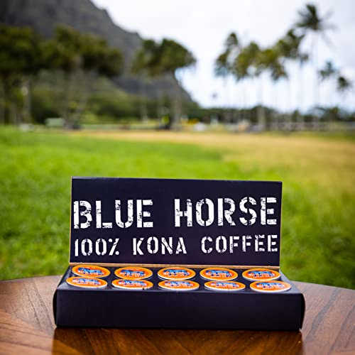 Blue Horse 100% Kona Coffee Pods, Medium Roast, 10ct Single Serve, Compatible with K Cups 2.0, Farm Fresh, Authentic Arabica Beans from Hawaii’s Big Island with a Smooth, Rich Flavor