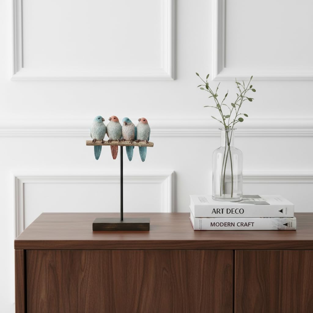 Comfy Hour Bird Figurines Home Decor, 9.8 Inch Decorative Birds Sculpture, Pastel Sparrows on Rustic Branch, Polyresin Tabletop Ornament for Shelf