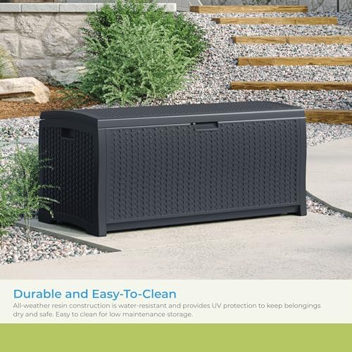 Suncast Outdoor Storage Box - 73 Gallon Mocha Brown Deck Box for Patio, weather-resistant Outdoor Storage Bench, Resin Wicker Style, Heavy-Duty, Lockable Lid for Cushions, Shoes, Pool & Garden Gear