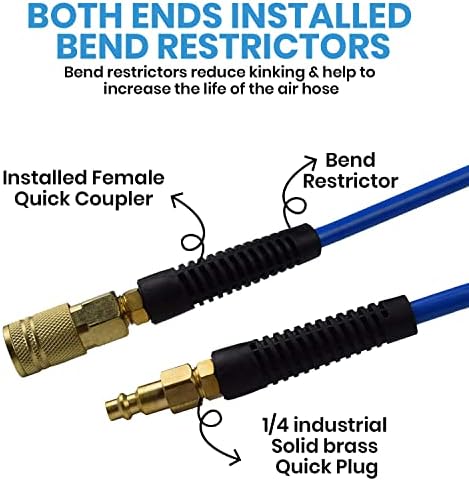 YOTOO Air Hose 3/8 in x 50 ft, Heavy Duty Hybrid Air Compressor Hose, Flexible, Lightweight, Kink Resistant with 1/4" Industrial Quick Coupler Fittings, Bend Restrictors, Blue