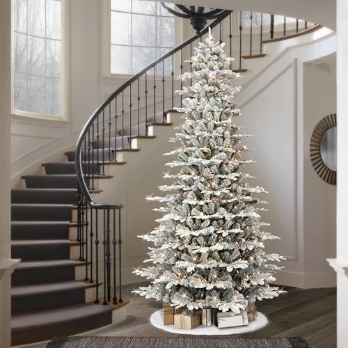 Puleo International 7.5ft Pre-Lit Slim Flocked Aspen Fir Christmas Tree with 450 Clear Lights, 1016 Realistic Dense Snow Flocked Branch Tips, Easy Setup Artificial Trees with Sturdy Metal Stand