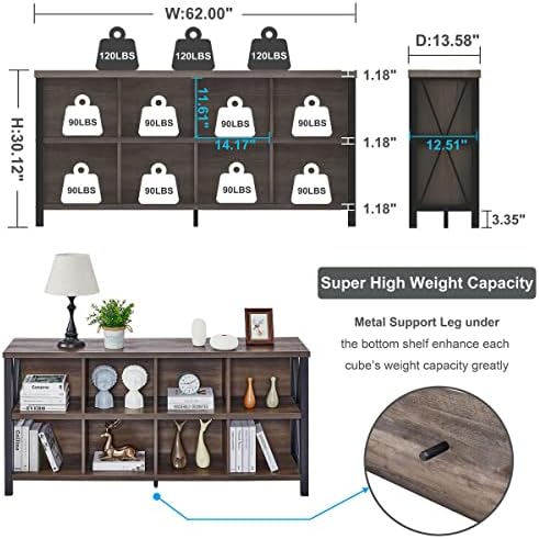 FATORRI 8 Cube Storage Organizer Bookshelf, 62 Inch Wood Horizontal Bookcase, Farmhouse Cube Long Book Shelf