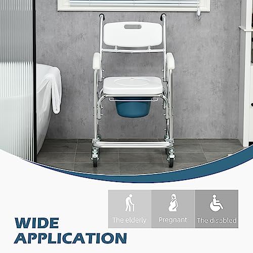 HOMCOM 3-in-1 Shower Commode Wheelchair, FSA/HSA Eligible Transport Beside Commode Chair