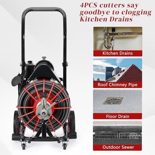 Drain Cleaner Machine, 100 ft x 1/2 in Sewer Auger for 1-4 in Pipes | 550W Motor with Auto-Feed Control, Air Foot Switch, GFCI Protection, 4 Cutters