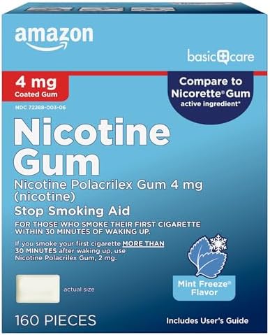 Amazon Basic Care Nicotine Polacrilex Coated Gum 4 mg (nicotine), Cinnamon Flavor, Stop Smoking Aid, Quit Smoking, Reduces Nicotine Cravings, 160 Count