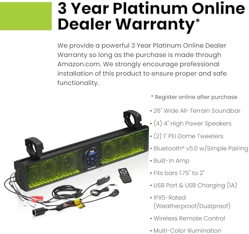 BOSS Audio Systems BRT26RGB IPX5 Weatherproof Bluetooth ATV Sound Bar - 26 Inches Wide, 4 inch Speakers, Tweeters, Amplified, Multicolor Illumination