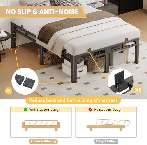 Full Size Bed Frame Metal,14 Inch Heavy Duty Double Layer Platform Black | Easy Assembly,Noise Free,4000lbs Capacity,6 Mattress Stoppers,Round Corner Legs,Headboard Holes,Anti-Slip Rubber Foot Pads
