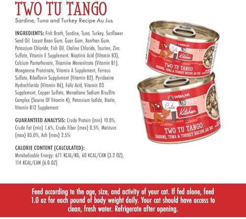 Weruva Cats in The Kitchen, Two Tu Tango with Sardine, Tuna & Turkey Au Jus Cat Food, 3.2oz Can (Pack of 24)