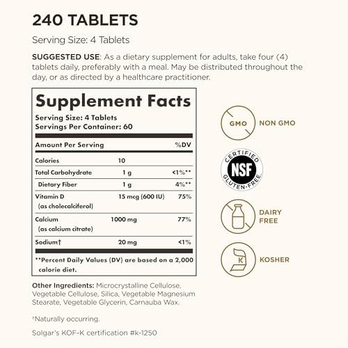 Solgar Calcium Citrate with Vitamin D3, 240 Tablets - 60 Servings | Promotes Healthy Bones & Teeth, Supports Musculoskeletal & Nervous Systems