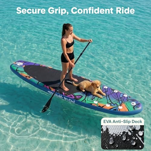 SereneLife 10’6” Inflatable Stand Up Paddle Board with Premium SUP Accessories - 32” Wide Stable Design with Non-Slip EVA Deck Pad