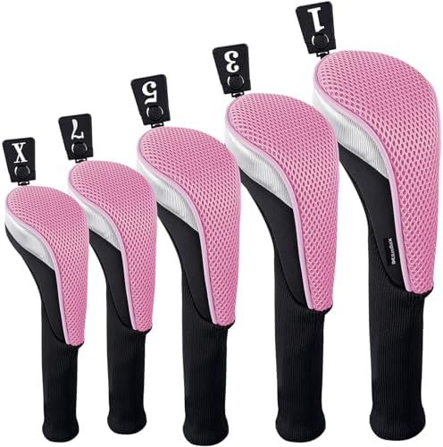 Andux 5pcs/Set Mesh Golf Wood Club Head Covers Long Neck