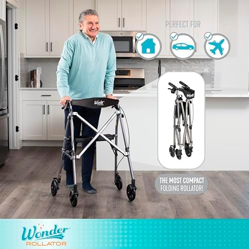 Stander Space Saver Rollator, Lightweight Folding Rolling Walker with Seat for Seniors & Adults, 4-Wheel Mobility Aid with 6-inch Wheels