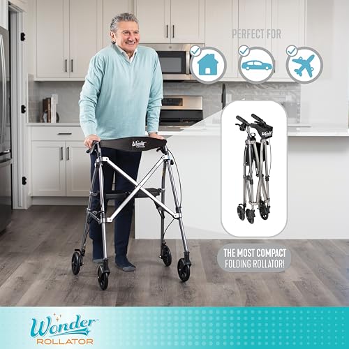 Stander Space Saver Rollator, Lightweight Folding Rolling Walker with Seat for Seniors & Adults, 4-Wheel Mobility Aid with 6-inch Wheels