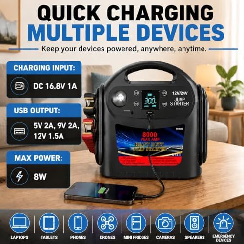 8000A Car Battery Jump Starter, Heavy Duty Jump Box for Gas & Diesel Vehicles, 12V/24V Portable Power Pack with LED Light for Trucks, SUVs