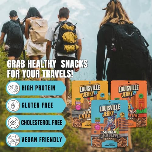 Louisville Jerky Co. Traditional Vegan Jerky Pack, 3 oz, 5-Pack | Plant Based, High Protein Snack, Vegetarian Friendly, BBQ, Buffalo, Maple Bacon, Pepperoni Pizza, Black Pepper