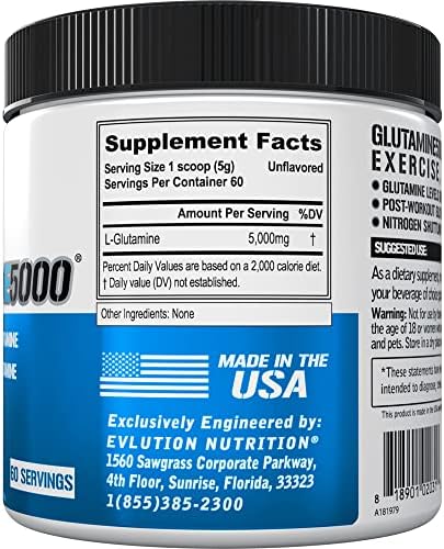 EVL L-Glutamine Powder Supplement for Post Workout Recovery, Vegan | Pure 5g L-Glutamine formula supports post-workout recovery, muscle performance