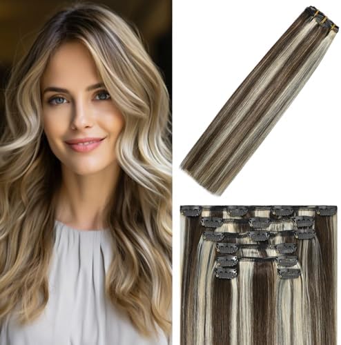 WindTouch Clip In Hair Extensions Human Hair Mixed Bleach Blonde 18Inch 75g Hair Extensions for Women Remy Blonde Extensions Clip in #18p613 7PCS
