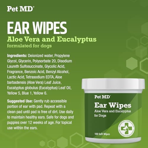 Pet MD Dog Ear Cleaning Wipes – Otic Cleanser for Dogs - 100 ct | Soothing Ear Care with Aloe Vera & Eucalyptus, Regular Wipes