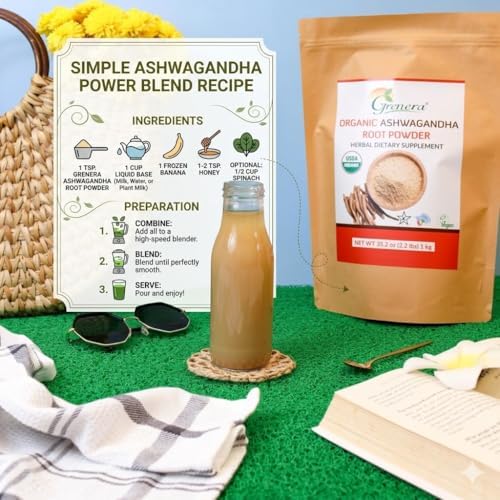 Grenera Organic Ashwagandha Root Powder | 2.2 lbs (1 kg) | USDA Organic, Vegan, Kosher Certified | Non-GMO, Gluten Free | Ashwagandha Powder for Smoothies, Drinks, Recipes | Lab Tested