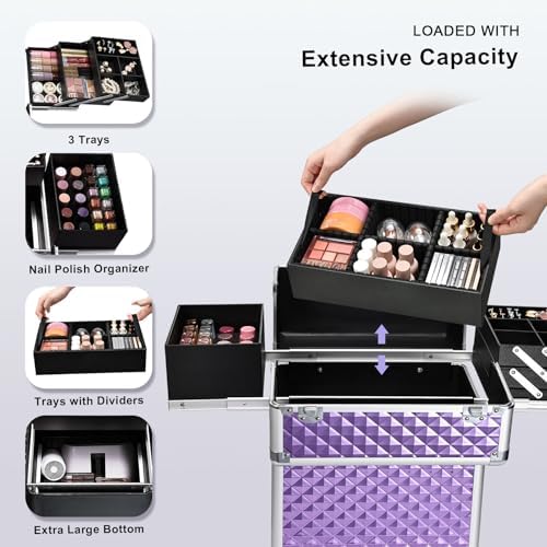Stagiant Rolling Makeup Train Case Large Storage Cosmetic Trolley 4 Tray with Sliding Rail Removable Middle Layer with Key Swivel Wheels Salon
