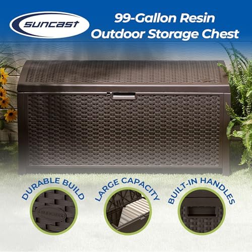 Suncast 99 Gal Wicker Resin Deck Box, Storage Chest Bin with Handles, Java