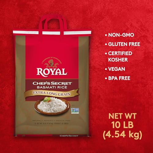 Royal Chef's Secret Basmati White Rice - 10 lb Bag | Premium Extra Long Grain Rice - Perfect for Biryanis, Pilafs, Pulao & Curries - Cook in Microwave or on Stove Top