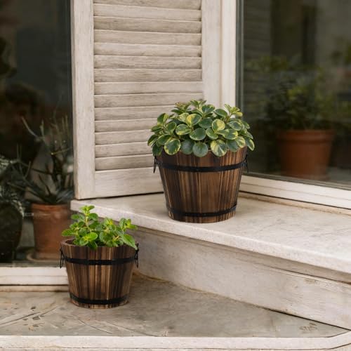 Wooden Barrel Planters, 8 inch 7 inch Plant Pot with Drainage Holes for Indoor Plants Decor, Set of 2