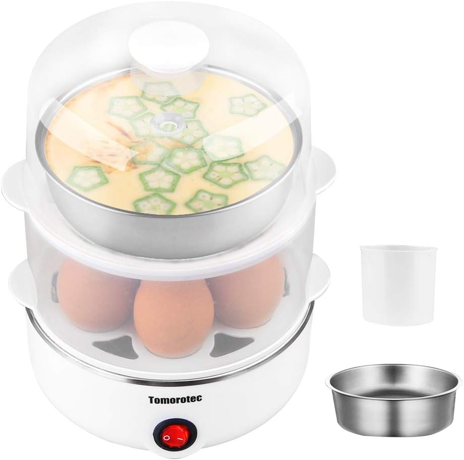 Tomorotec 14 Egg Cooker, Electric Hard Boiled Egg Boiler & Poacher, Steamer | 2-Tier Auto Shut-Off, for Vegetables, Seafood & Dumplings