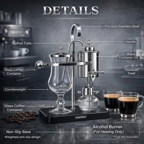 Nispira Belgian Balance Syphon Vacuum Coffee Maker, 500 ml Vintage Gravity Brewing System, Silver Finish, Manual Tabletop Coffee Brewer