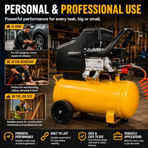 Stark USA 3.5HP 10 Gallons Air Compressor Tank Ultra Quiet Horizontal Tank Adjustable Pressure Ideal for DIY, Home & Garage Applications, 8.37 CFM