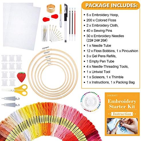 INSCRAFT 304 Pack Embroidery Kit, 200 Colors Threads, 5 Pcs Bamboo Embroidery Hoops, 2 Pcs Aida Cloth, Instructions, Bag and Cross Stitch Tools Set