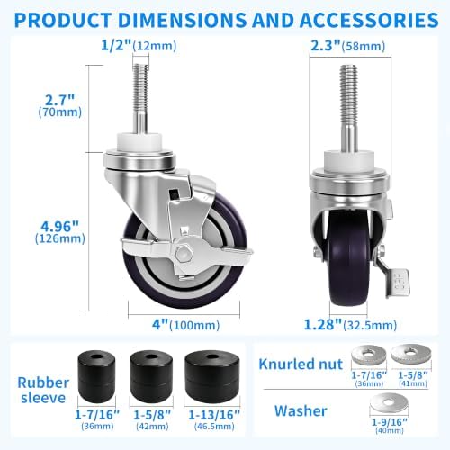 MySit 4 inch Work Table Caster Wheels for Commercial Kitchen Prep Tables