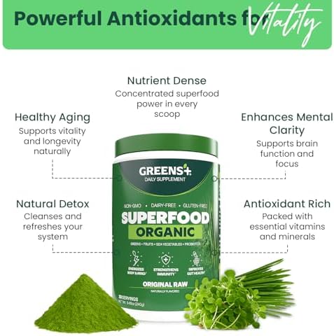 Greens+ Organic RAW Superfood Powder, Dietary Supplement | 8.46oz | Energy Boost | Super Blend Immune Support, Morning Kick, Nutrition Vibrant Health, Vegan, Soy Free | Dairy Free | Gluten Free