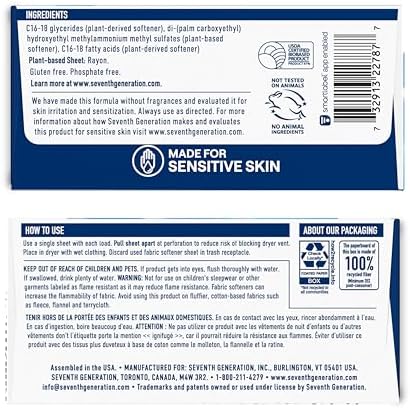 Seventh Generation Dryer Sheets Laundry Fabric Softener, Free & Clear Made for Sensitive Skin, 80 Sheets