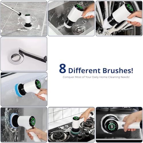 Electric Spin Scrubber, Cordless Power Cleaning Brush with 8 Replaceable Heads, 2 Adjustable Speeds, LED Display & Long Handle