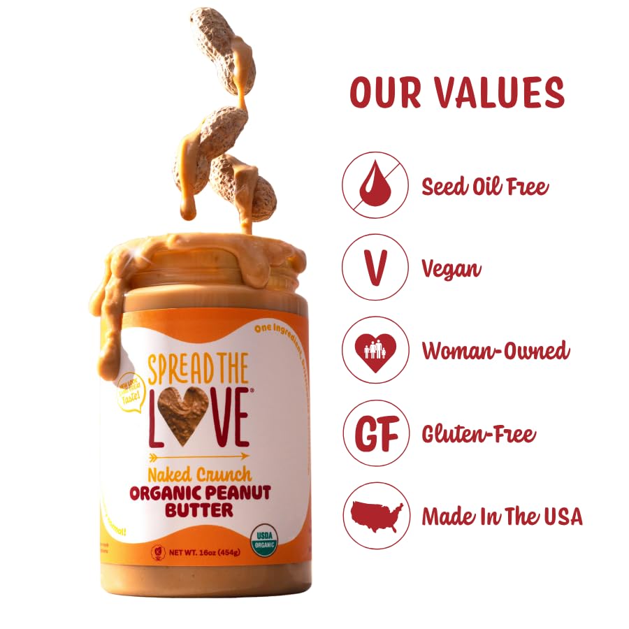 Spread The Love NAKED CRUNCH Organic Peanut Butter, 16 oz Jar, 1 Pack | USDA Organic, All Natural, Vegan, Gluten Free, Dry Roasted