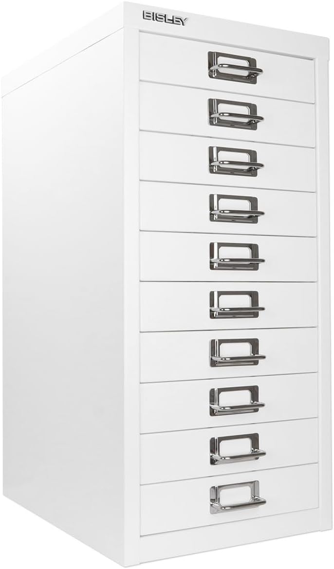 5-Drawer Steel MultiDrawer Cabinet - Orange, by Bisley | Chrome Pull Handles with Label Holders, Powder-Coated Steel, Removable Drawers, Desktop Storage, Labels Included