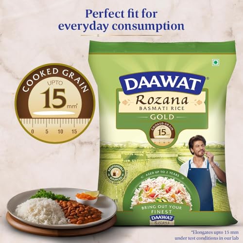 Daawat Rozana Gold Basmati Rice | Naturally Aged Long-Grain Rice | Fluffy & Non-Sticky | Ideal for Everyday Meals, 1 kg (2.2 lb)