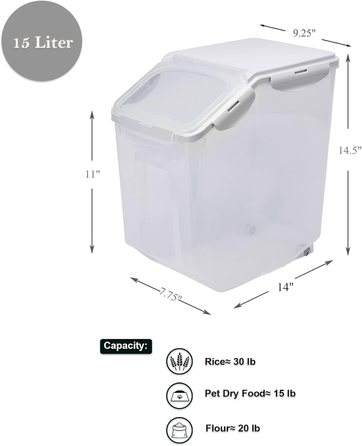 HANAMYA 10 Liter / 20 lbs Rice Storage Container with Measuring Cup, BPA free, For Rice | Grain | Pet Food | Flour, 2 counts, Clear