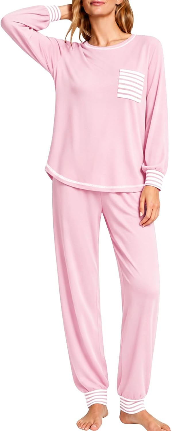 SWOMOG Women’s Pajamas Set Long Sleeve Sleepwear with Long Pants Soft Modal Loungewear Pj Set