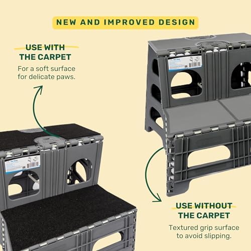 Foldable Dog Stairs, Collapsible Pet Step Ladder, Supports 300lbs | 2-Step Folding Dog Stairs & Ramp, Carpeted Design