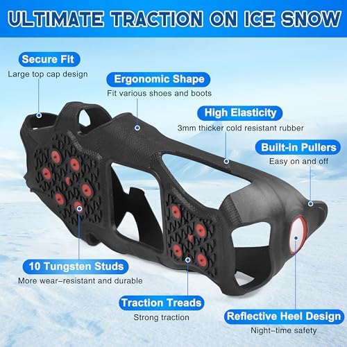 Ice Cleats for Shoes and Boots Tungsten Crampons Non-Slip Shoe Spikes Grippers for Snow and Ice Traction Cleats with Reflective Heel Slip-on Snow