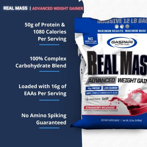 Gaspari Nutrition Real Mass: Advanced Weight Gainer, Protein and Complex Carb Blend, 50g Protein, 16g EAAs, Gluten-Free, 12 lbs (Vanilla Milkshake)