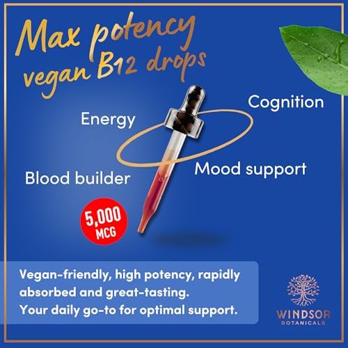 Vegan Vitamin B12 Liquid - Max Strength Methylcobalamin B12 Sublingual 5000 mcg - Fast Absorbing Supplement for Mood