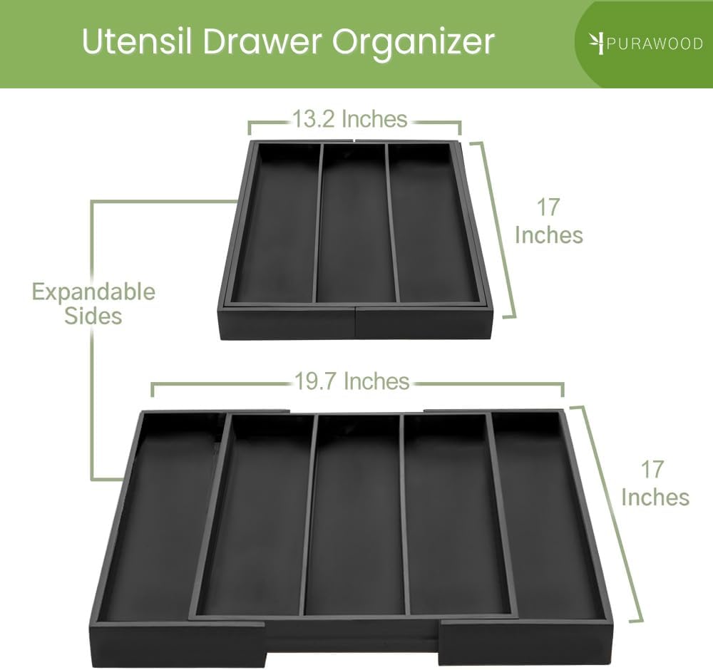 Purawood Kitchen Drawer Organizer - Expandable Utensil Drawer Organizer for Kitchen, Cutlery Tray & Silverware Organizer