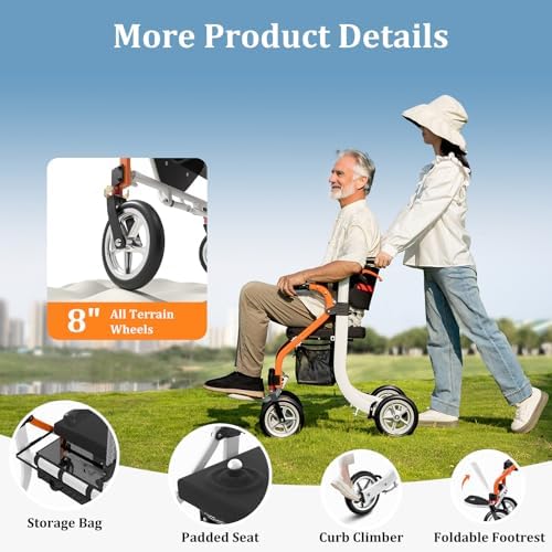 Nihhcune 4 in 1 Rollator Walker Transport Wheelchair Combo - No Assembly | 20lb Lightweight Mobility Rolling Walker with Seat for Seniors, Foldable Travel Chair, 8" All-Terrain Wheels, Supports 300lbs